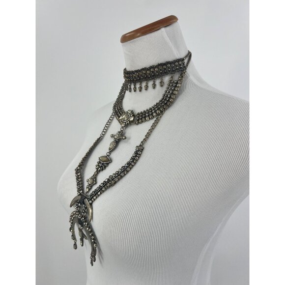 Free People Multilayered Antiqued Silver & Rhinestone Necklace - Picture 9 of 16